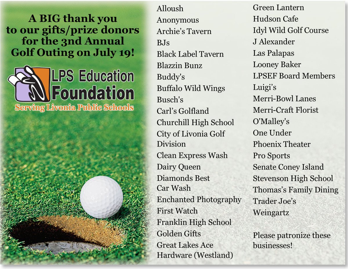 Thank you to the businesses who donated to our basket raffle for the 2025 Golf Outing!
#LivoniaPride
Alloush Grill
Anonymous
Archie's Tavern
BJ's Restaurant &amp; Brewhouse (Livonia)
Black Label Tavern
Blazzin Bunz blazzinbunz.com
Buddy's Pizza
Buffalo Wild Wings (Livonia)
