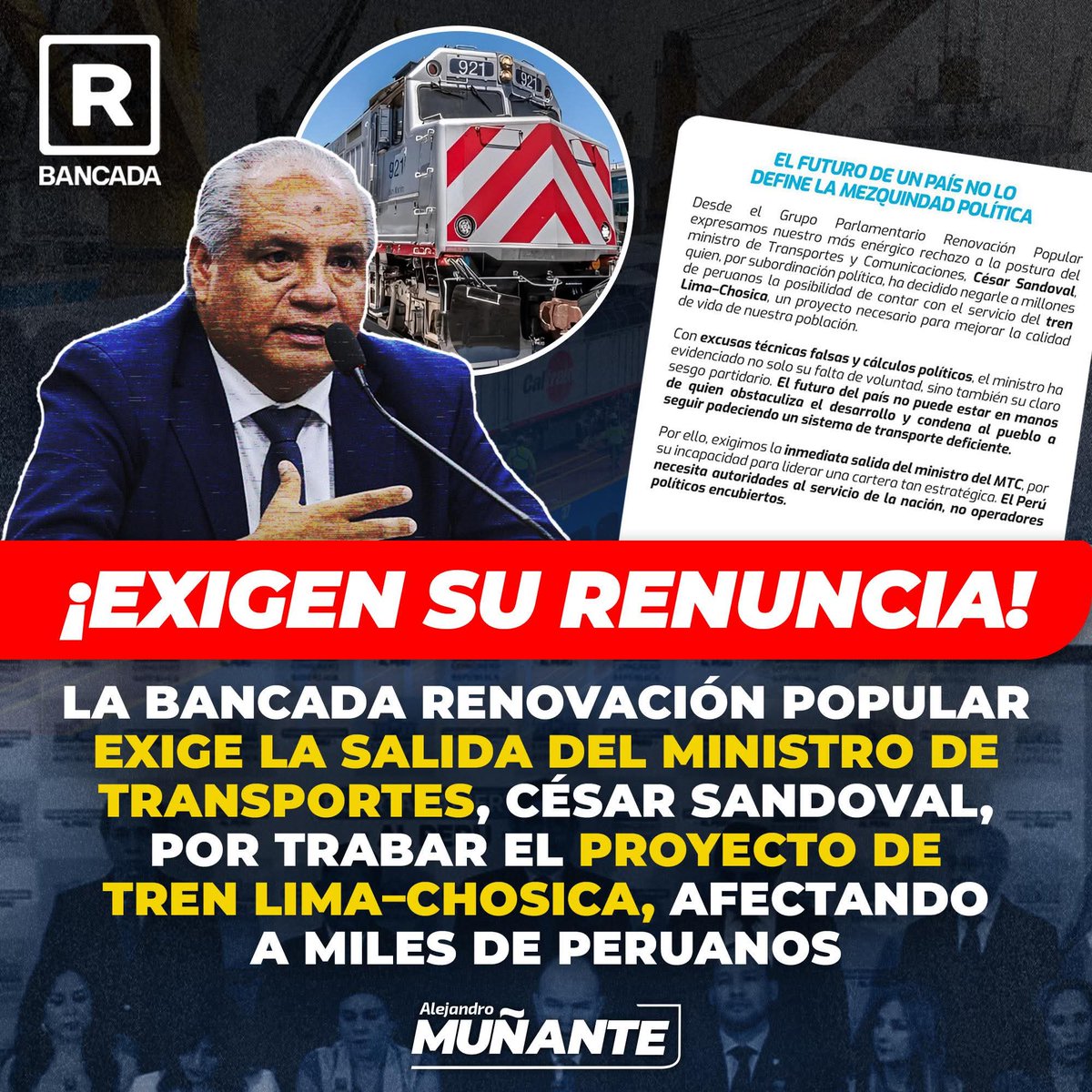 No sólo exige la RENUNCIA del ministro César Sandoval,el partido político Renovación Popular,exigimos su RENUNCIA, todos los peruanos y  patriotas de bien, que queremos el progreso del Perú 🇵🇪