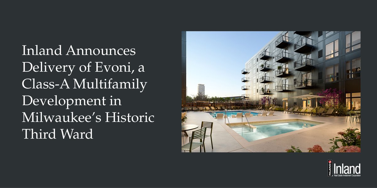Inland has delivered Evoni Apartments, a 261-unit #multifamily development located in #Milwaukee’s Historic Third Ward. The project was delivered on time &amp; on budget through a partnership between Inland &amp; Kaeding Development Group LLC. <a href="/AltsWire/">AltsWire</a> has more: tinyurl.com/y8yvah6p
