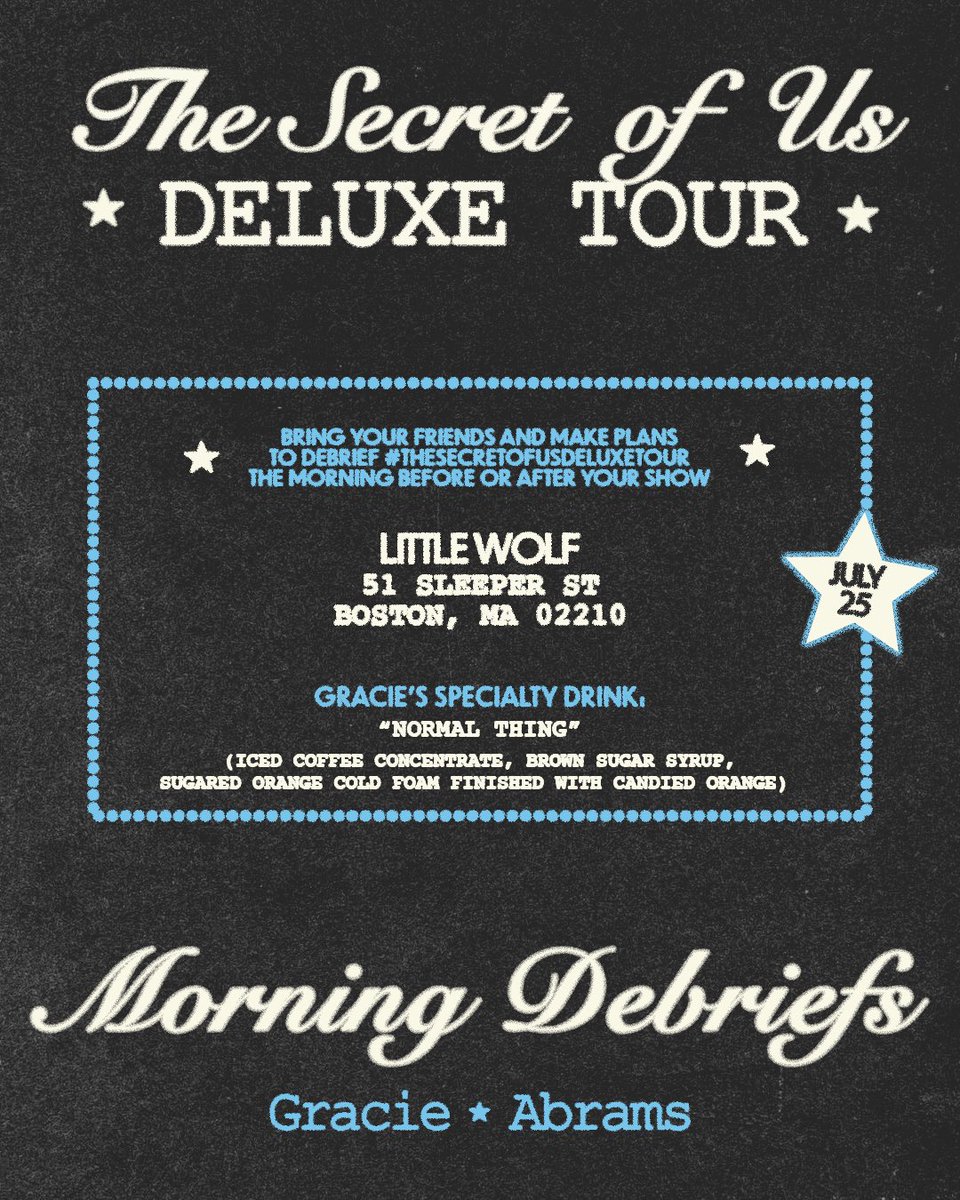 gracieshq's tweet image. Continuing our favorite tradition for the deluxe tour !!!! Bring your friends and debrief #TSOUDeluxeTour the morning after your show while supporting locally loved coffee shops 💙
SEE YOU SOON :’)