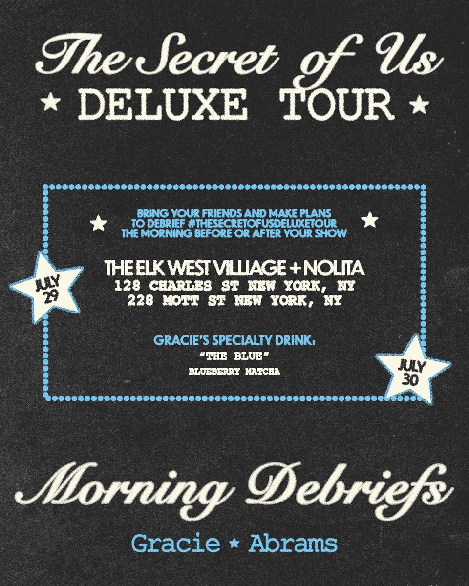gracieshq's tweet image. Continuing our favorite tradition for the deluxe tour !!!! Bring your friends and debrief #TSOUDeluxeTour the morning after your show while supporting locally loved coffee shops 💙
SEE YOU SOON :’)