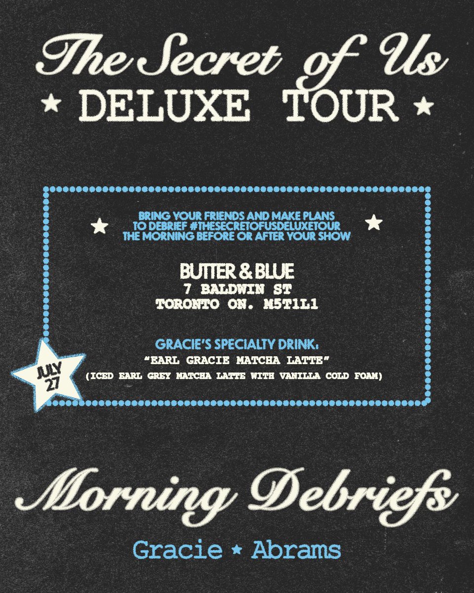 gracieshq's tweet image. Continuing our favorite tradition for the deluxe tour !!!! Bring your friends and debrief #TSOUDeluxeTour the morning after your show while supporting locally loved coffee shops 💙
SEE YOU SOON :’)