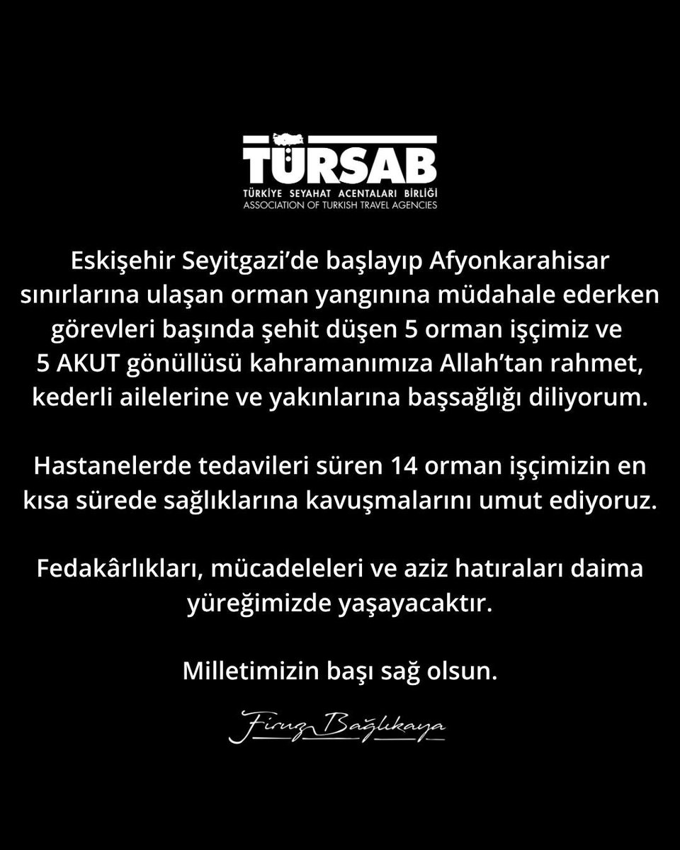 Eskişehir Seyitgazi’de başlayıp Afyonkarahisar sınırlarına ulaşan orman yangınına müdahale ederken görevleri başında şehit düşen 5 orman işçimiz ve 5 AKUT gönüllüsü kahramanımıza Allah’tan rahmet, kederli ailelerine ve yakınlarına başsağlığı diliyorum.

Hastanelerde tedavileri