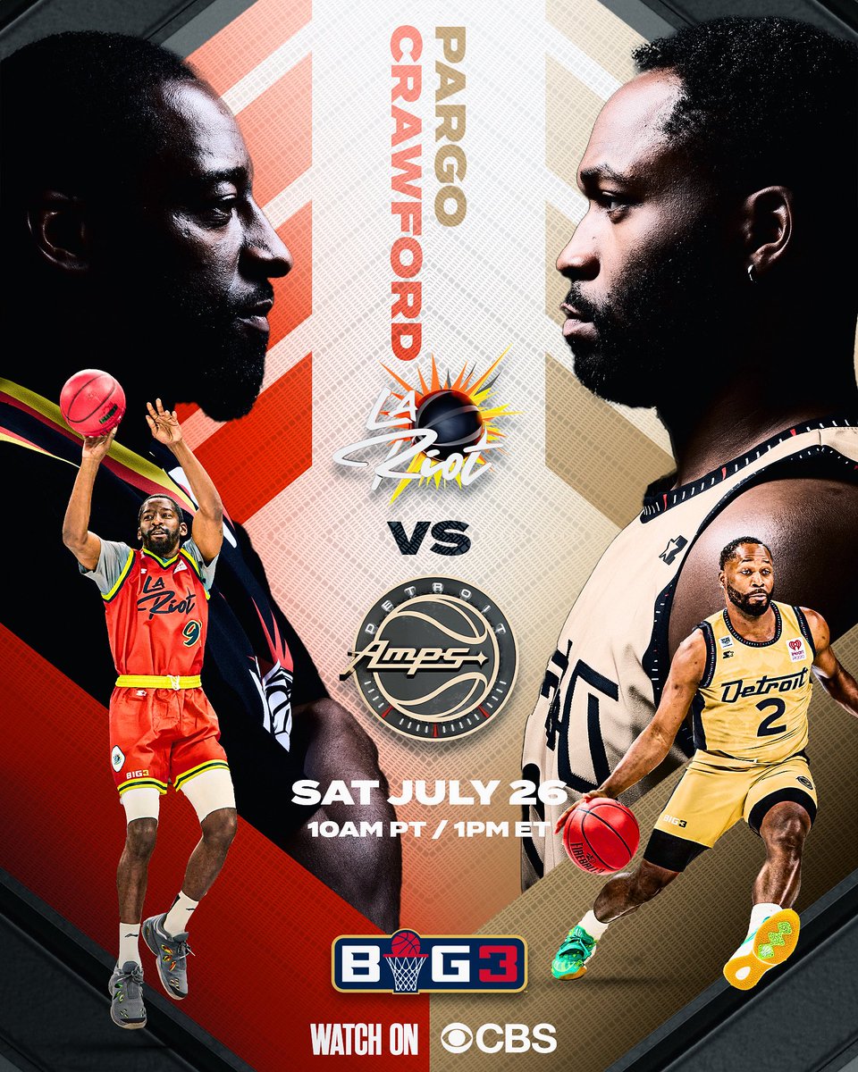 thebig3's tweet image. High pressure basketball, coming right up. @LosAngelesRiot and @DetroitAmps go head to head in Cincinnati this Saturday. Tune in on @CBSSports at 1 PM ET.