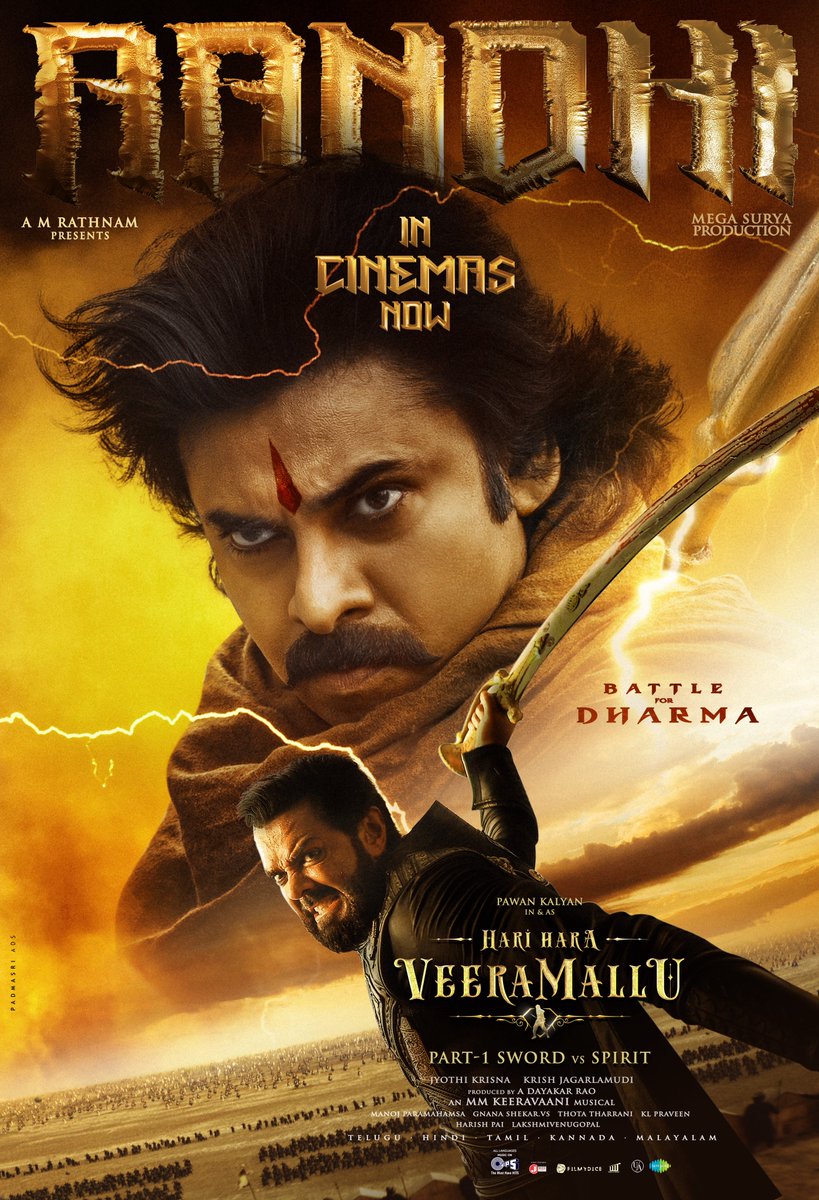 HHVMFilm's tweet image. AANDHI AAGAYI…🔥⚔️

#HariHaraVeeraMallu is now shaking theatres like a BATTLE TSUNAMI 💥💥

linktr.ee/HHVMBookings
Go… Witness the RAGE 🦅 

Powerstar @PawanKalyan @AMRathnamOfl @thedeol #SatyaRaj @AgerwalNidhhi @amjothikrishna @mmkeeravaani @ADayakarRao2 @Manojdft…