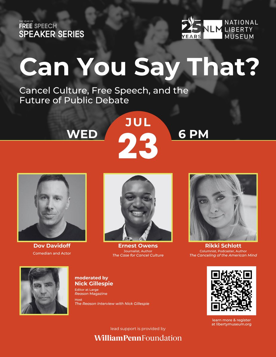nickgillespie's tweet image. Starting in a few--click through to watch the livestream of this excellent discussion of cancel culture I'm moderating at Philadelphia's @LibertyMuseum. W @RIKKISCHLOTT @MrErnestOwens & @dovdavidoff youtube.com/live/kFjTZXep5…