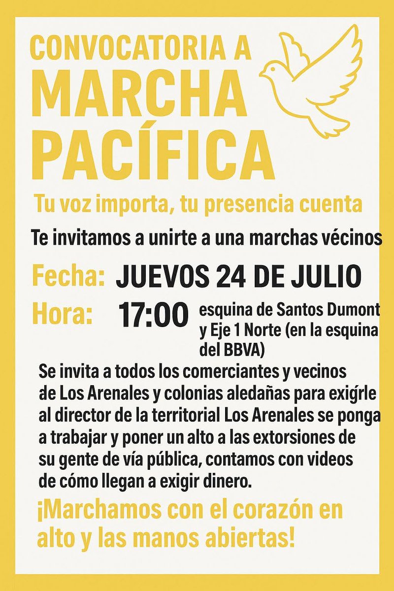 🚨¡BASTA DE ABUSOS!🚨
Este jueves 24 de julio a las 17:00 hrs, los vecinos y comerciantes de Arenales y colonias aledañas se unen en una marcha pacífica.
📍 Punto de encuentro: Esquina de Santos Dumont y Eje 1 Norte BBVA <a href="/A_VCarranza/">Alcaldía Venustiano Carranza</a> así las cosas <a href="/ClaraBrugadaM/">Clara Brugada Molina</a> <a href="/PartidoMorenaMx/">Morena</a>
