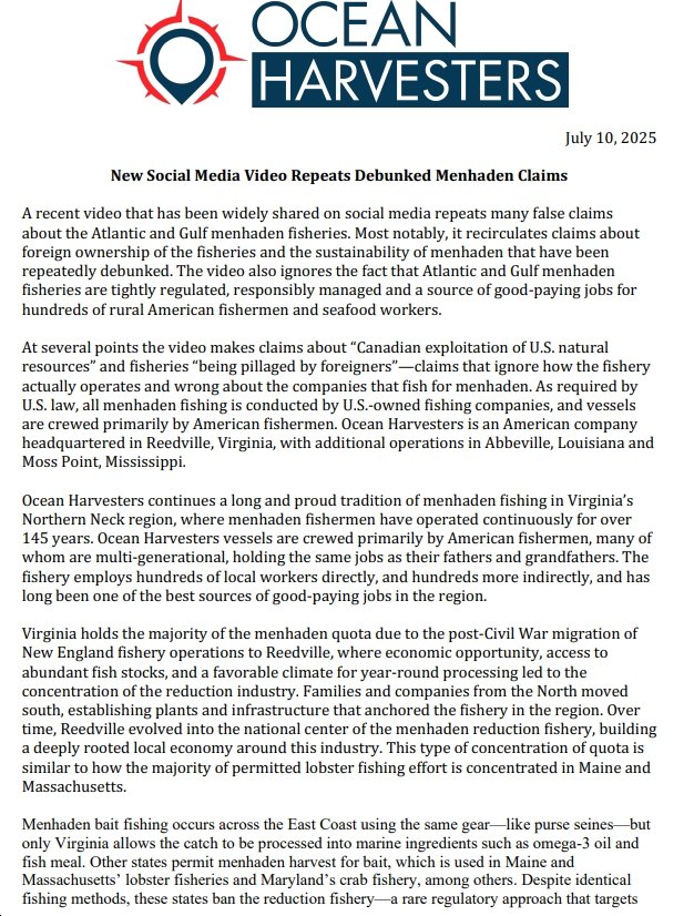 bluevirginia's tweet image. Response from Ocean Harvesters regarding the video that Donald Trump shared: says it "repeats many false claims about the Atlantic and Gulf menhaden fisheries" on foreign ownership, sustanability, etc. bluevirginia.us/2025/07/now-th…