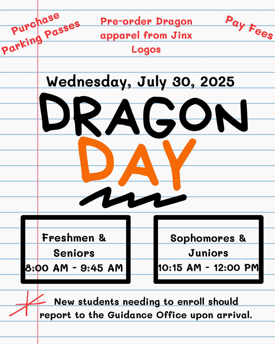 GoDragons1903's tweet image. We’re fired up for DRAGON DAY!
Join us Wednesday, July 30 to pay fees, pre-order gear, and get ready for an awesome year.
We can’t wait to see everyone and kick off the new school year!