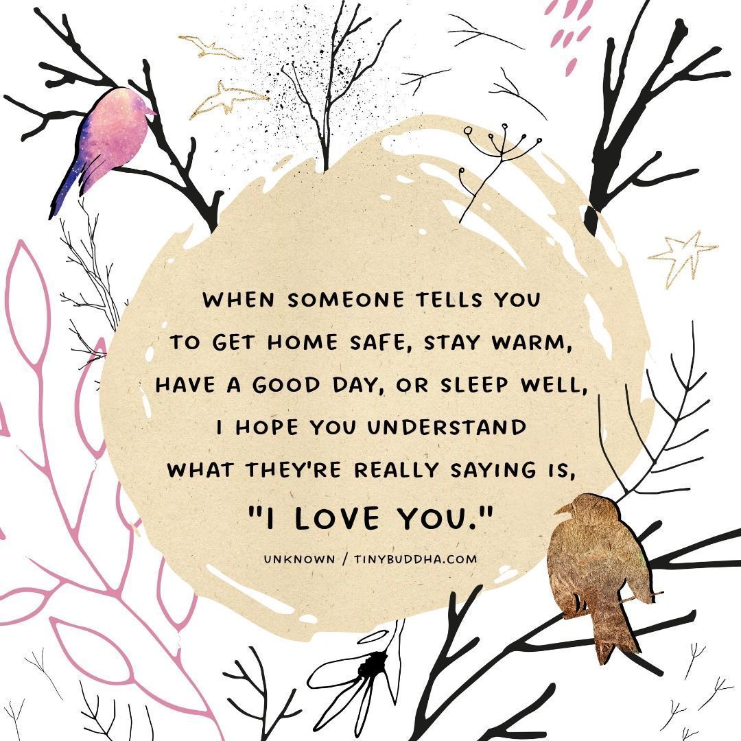 tinybuddha's tweet image. "When someone tells you to get home safe, stay warm, have a good day, or sleep well, I hope you understand what they're really saying is, 'I love you.'" ~Unknown