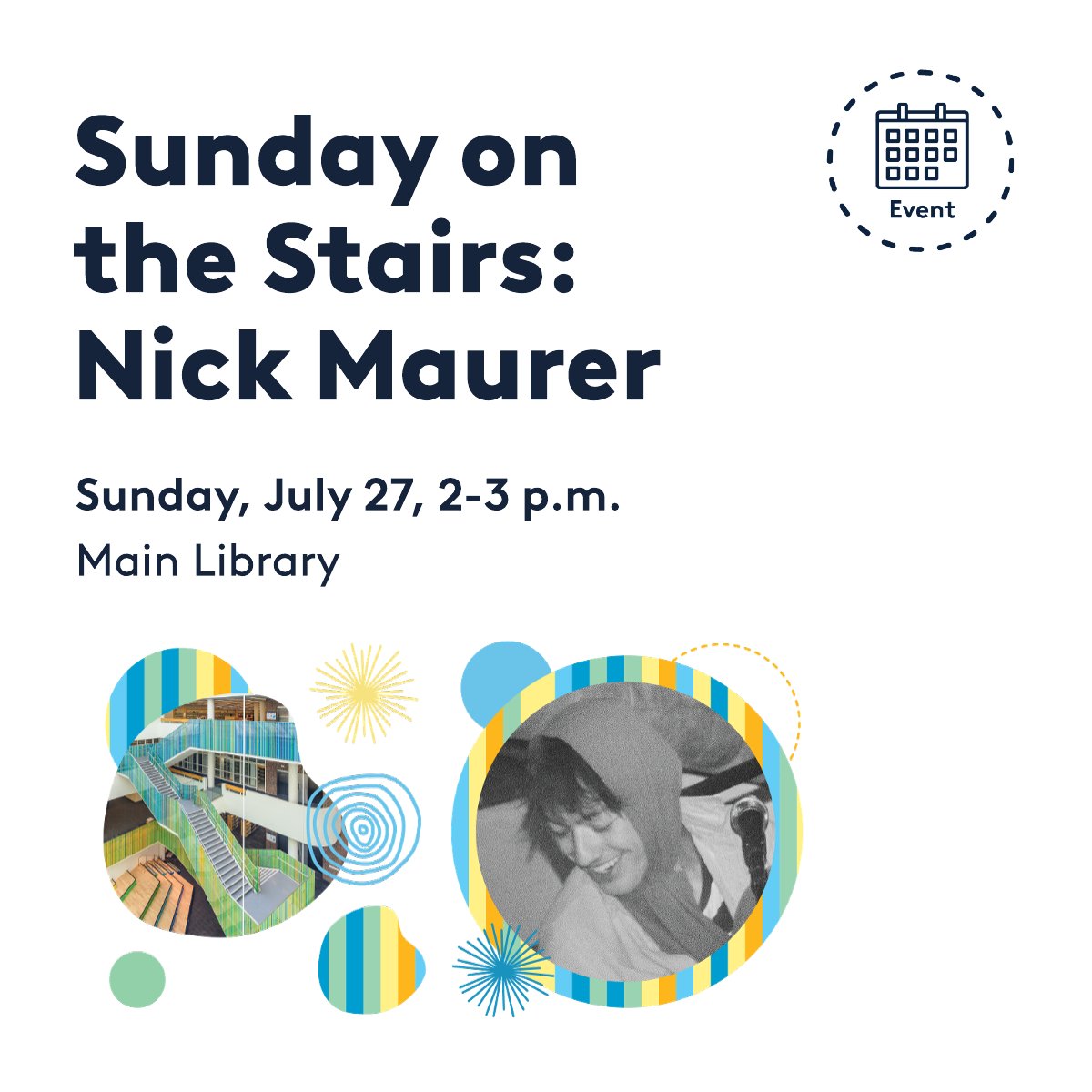 cincylibrary's tweet image. Every final Sunday at 2 p.m., join us for a live performance from a local artist featured on the Social Stairs. In July, we&apos;re happy to welcome folk musician Nick Maurer for a special concert performance at the base of the Social Stairs.