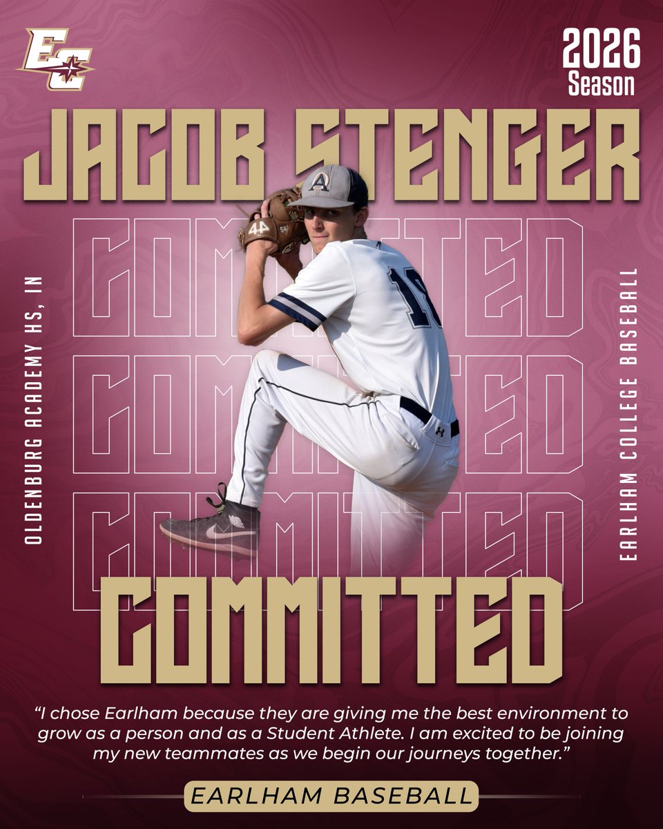 Welcoming our Earlham College baseball recruiting class for this coming season! Introducing, Jacob Stenger from Oldenburg Academy HS, Indiana! #EarnedNotGiven
