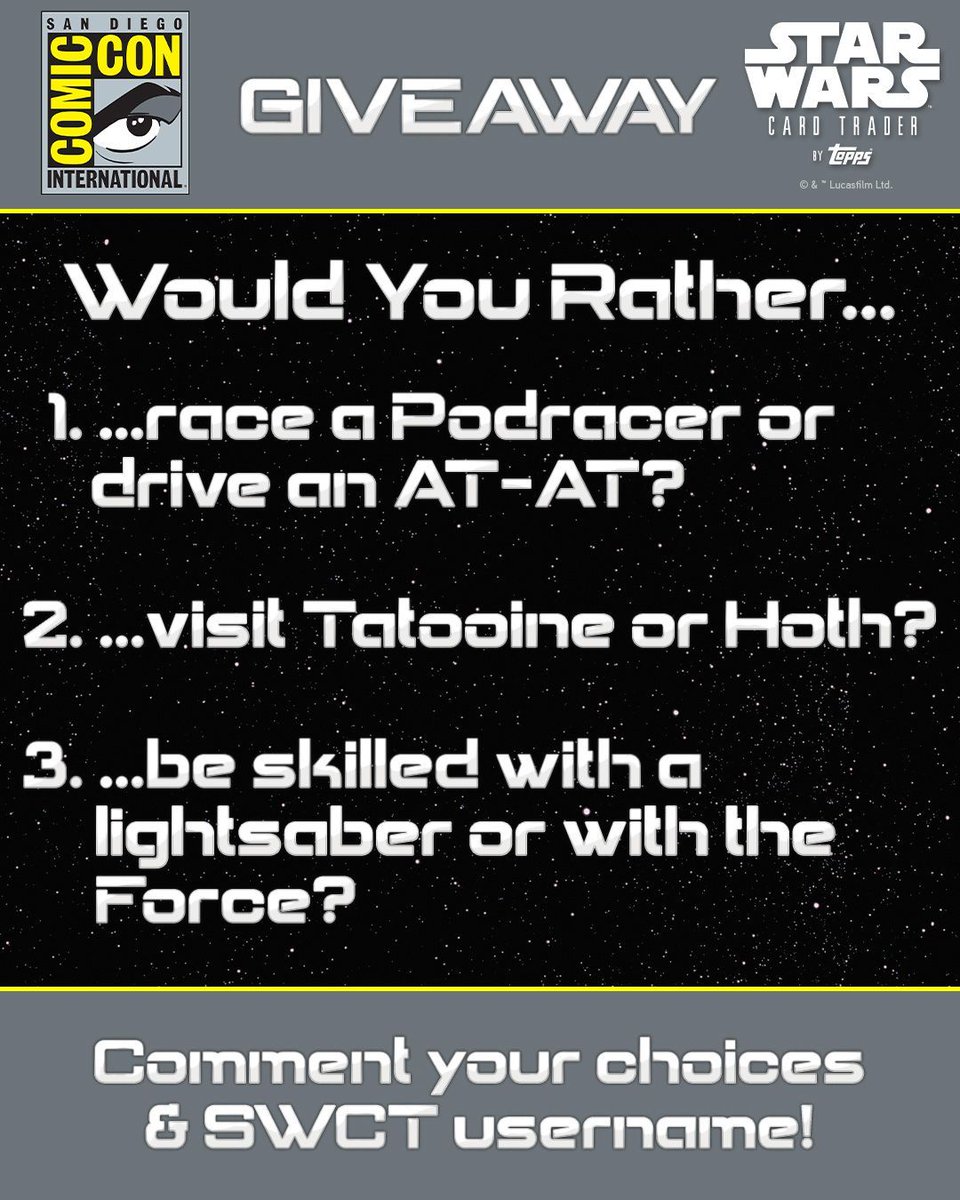 ToppsSWCT's tweet image. Get ready for #SDCC2025 with a giveaway! Answer these 3 “Would You Rather?” prompts in the comments & include your SWCT username for a chance to win crystals on Tuesday, July 29th! #SDCC @Comic_Con