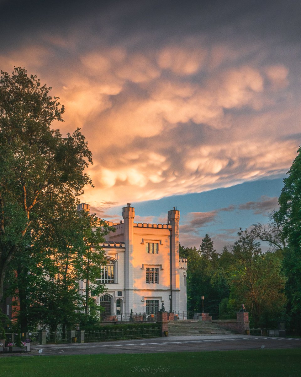 MeteoWlkp's tweet image. Chmury mammatus nad zamkiem w Kórniku o zachodzie słońca, 22.07.2025 :)
