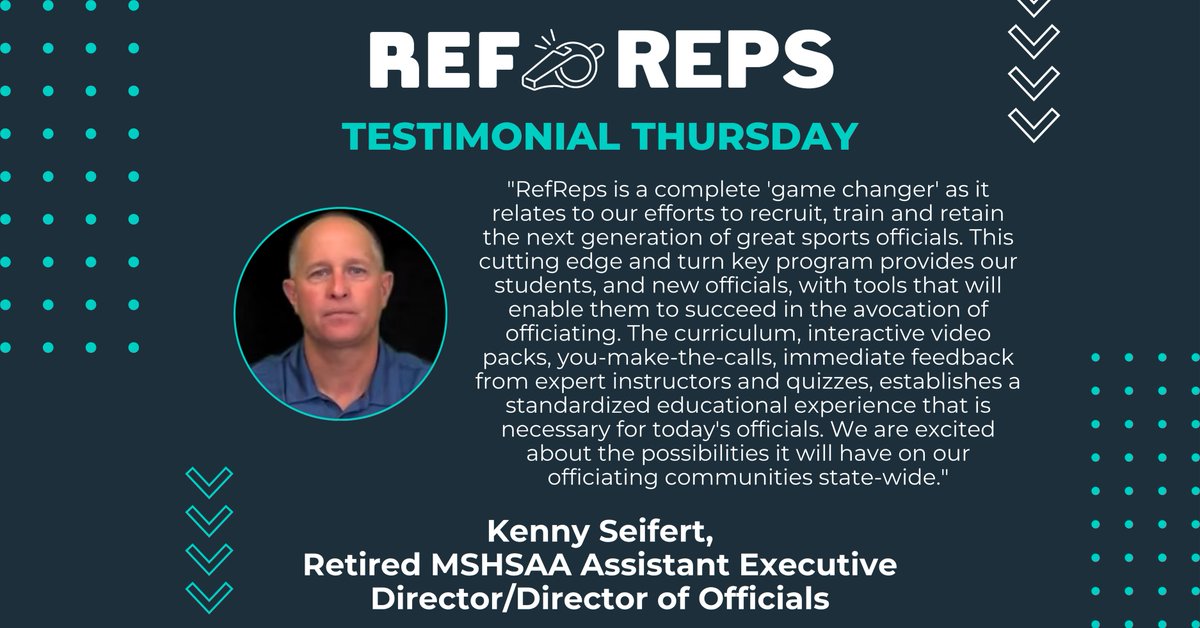 RefReps's tweet image. Shout out to Kenny Seifert, retired MSHSAA Assistant Executive Director & Director of Officials. From his use of the RefReps Officiating Education System, he calls it a "complete game changer." We're proud to support the next generation of officials with tools that truly make a…