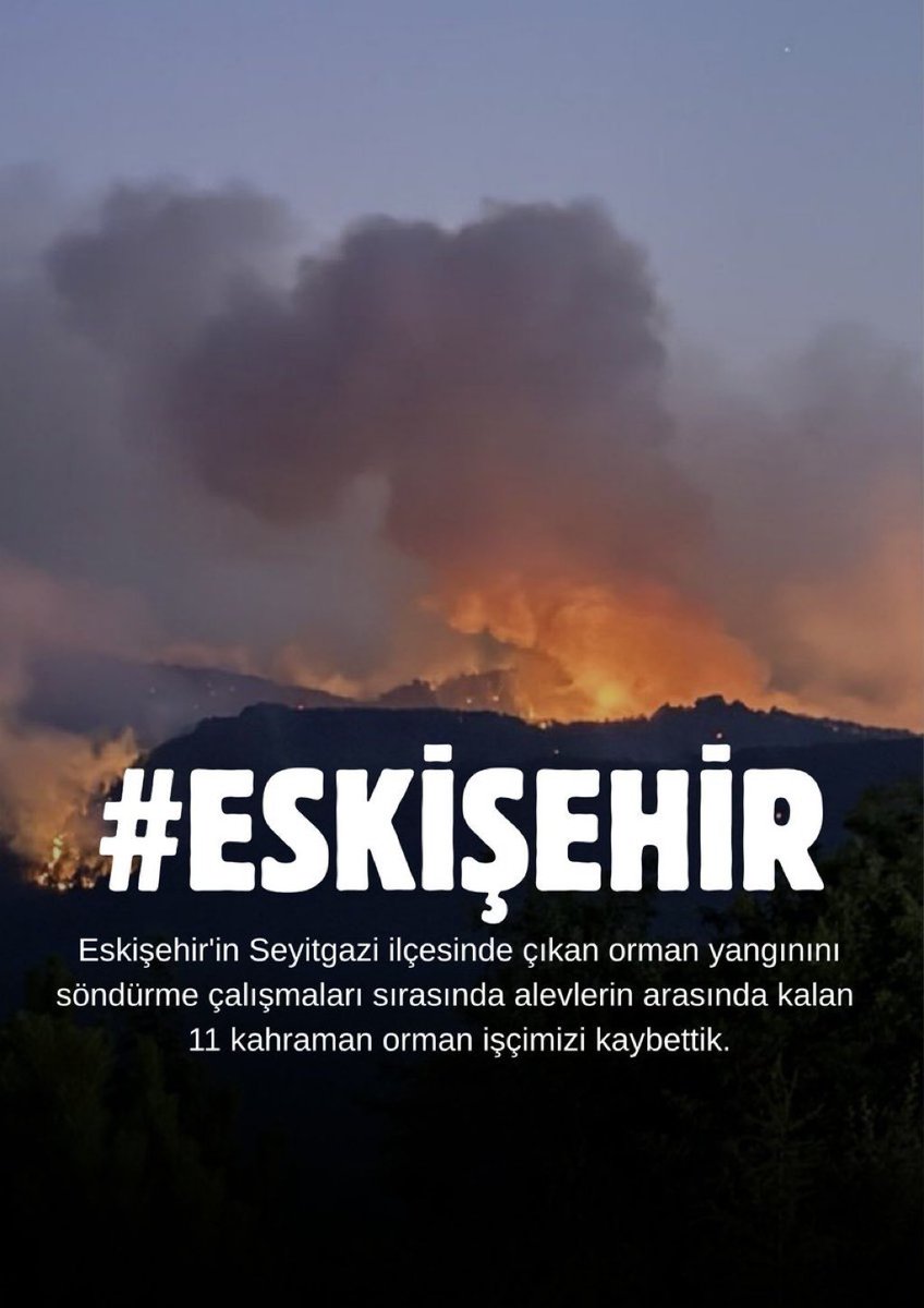 Eskişehir'in Seyitgazi ilçesinde çıkan orman yangınını söndürme çalışmaları sırasında alevlerin arasında kalan 11 orman işçimize Allah’tan rahmet sevenlerine başsağlığı dileriz. 

#Eskişehir