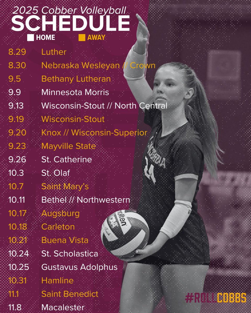 CobberSID's tweet image. 🏐 Set for the season.
Take a look at the 2025 Cobber Volleyball schedule.
#CobberVB #RollCobs