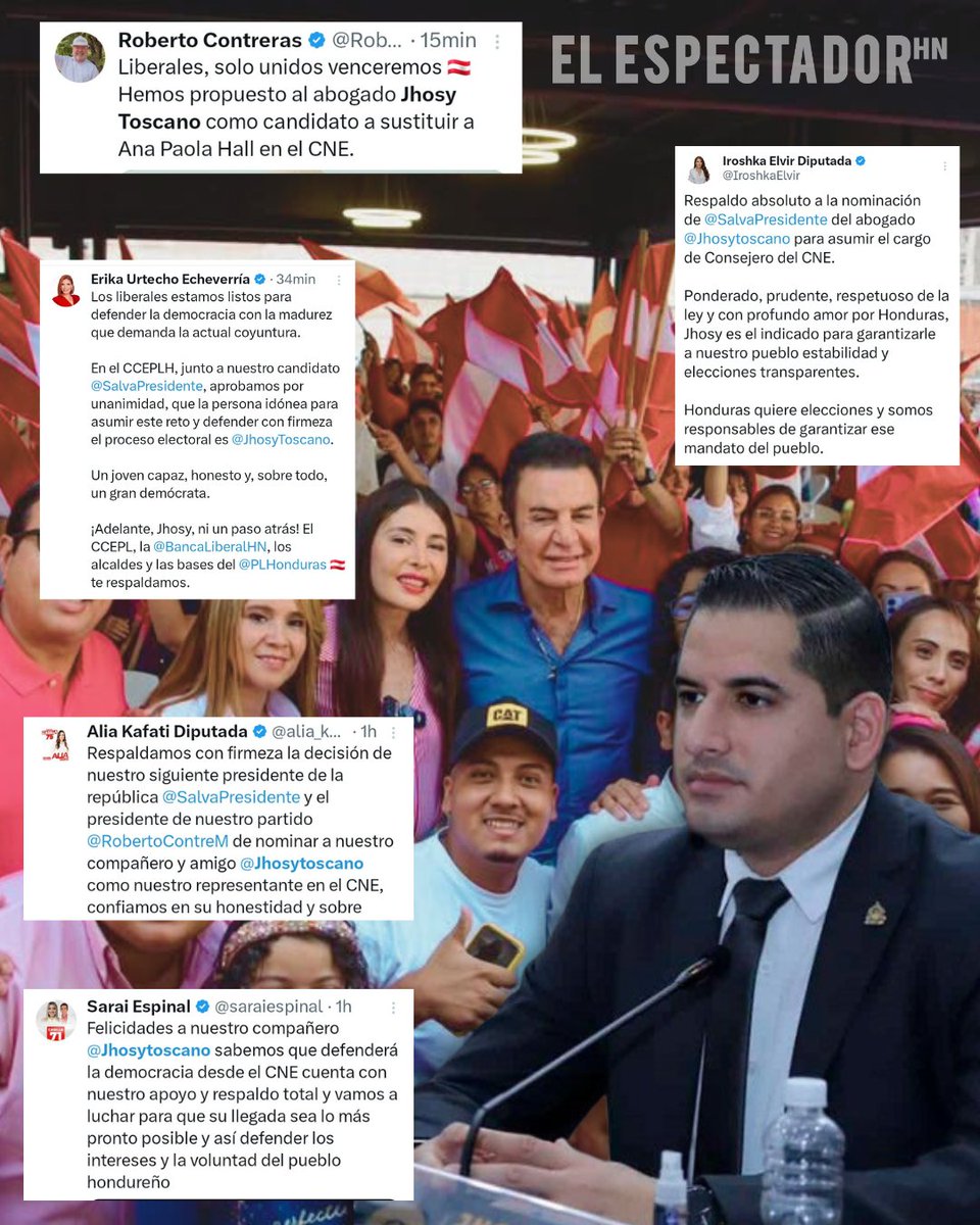 JHOSY TOSCANO OBTIENE EL APOYO DE LIBERALES TRAS PROPUESTA COMO EL NUEVO CONSEJERO EN EL CNE

Jhosy Toscano actual diputado liberal ha recibido un amplio y contundente respaldo de diversas figuras del Partido Liberal, quienes han manifestado su apoyo para que sea propuesto como
