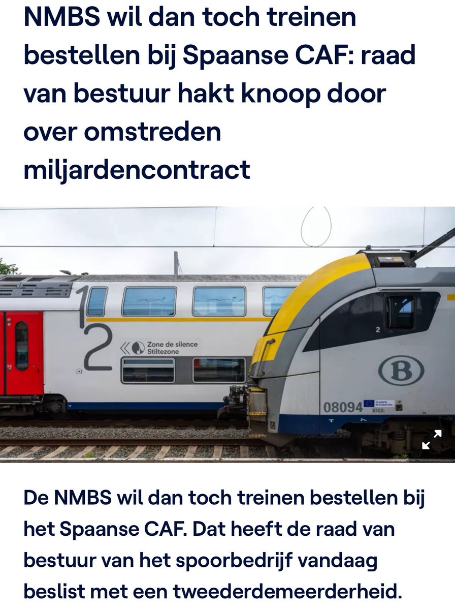 Matthias Diependaele (@mdiependaele) on Twitter photo De beslissing van federale spoorwegmaatschappij <a href="/NMBS/">NMBS</a> om de nieuwe treinen bij het Spaanse CAF te bestellen is een hard verdict voor <a href="/Alstom/">Alstom</a> Brugge. Er wordt verder bekeken hoe ze toch nog een rol kunnen opnemen in het contract. De beslissing van federale spoorwegmaatschappij <a href="/NMBS/">NMBS</a> om de nieuwe treinen bij het Spaanse CAF te bestellen is een hard verdict voor <a href="/Alstom/">Alstom</a> Brugge. Er wordt verder bekeken hoe ze toch nog een rol kunnen opnemen in het contract.