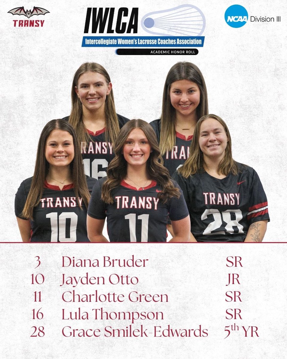 TransySports's tweet image. Five Pioneers have been named to the IWLCA Academic Honor Roll!

Join us in congratulating:
3️⃣ Diana Bruder (SR)
🔟 Jayden Otto (JR)
1️⃣1️⃣ Charlotte Green (SR)
1️⃣6️⃣ Lula Thompson (SR)
2️⃣8️⃣ Grace Smilek-Edwards (5th Yr)

For more information please visit TransySports.com