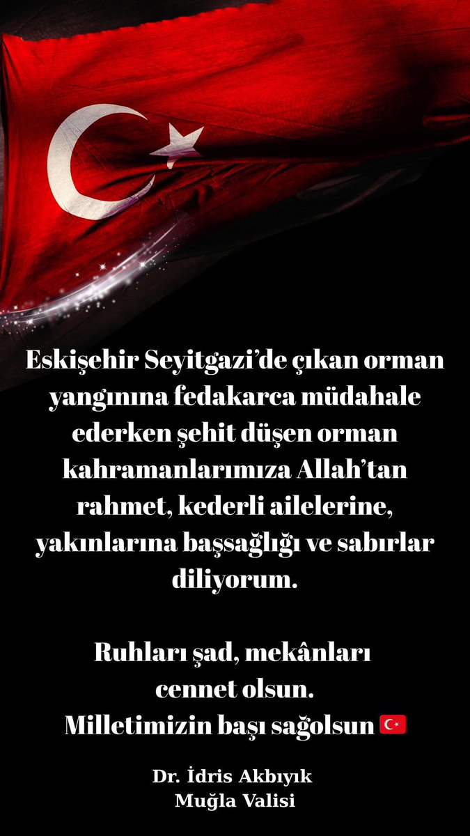 Eskişehir Seyitgazi’de çıkan orman yangınına fedakarca müdahale ederken şehit düşen orman kahramanlarımıza Allah’tan rahmet, kederli ailelerine, yakınlarına başsağlığı ve sabırlar diliyorum.

Ruhları şad, mekânları cennet olsun.
Milletimizin başı sağ olsun. 🇹🇷
