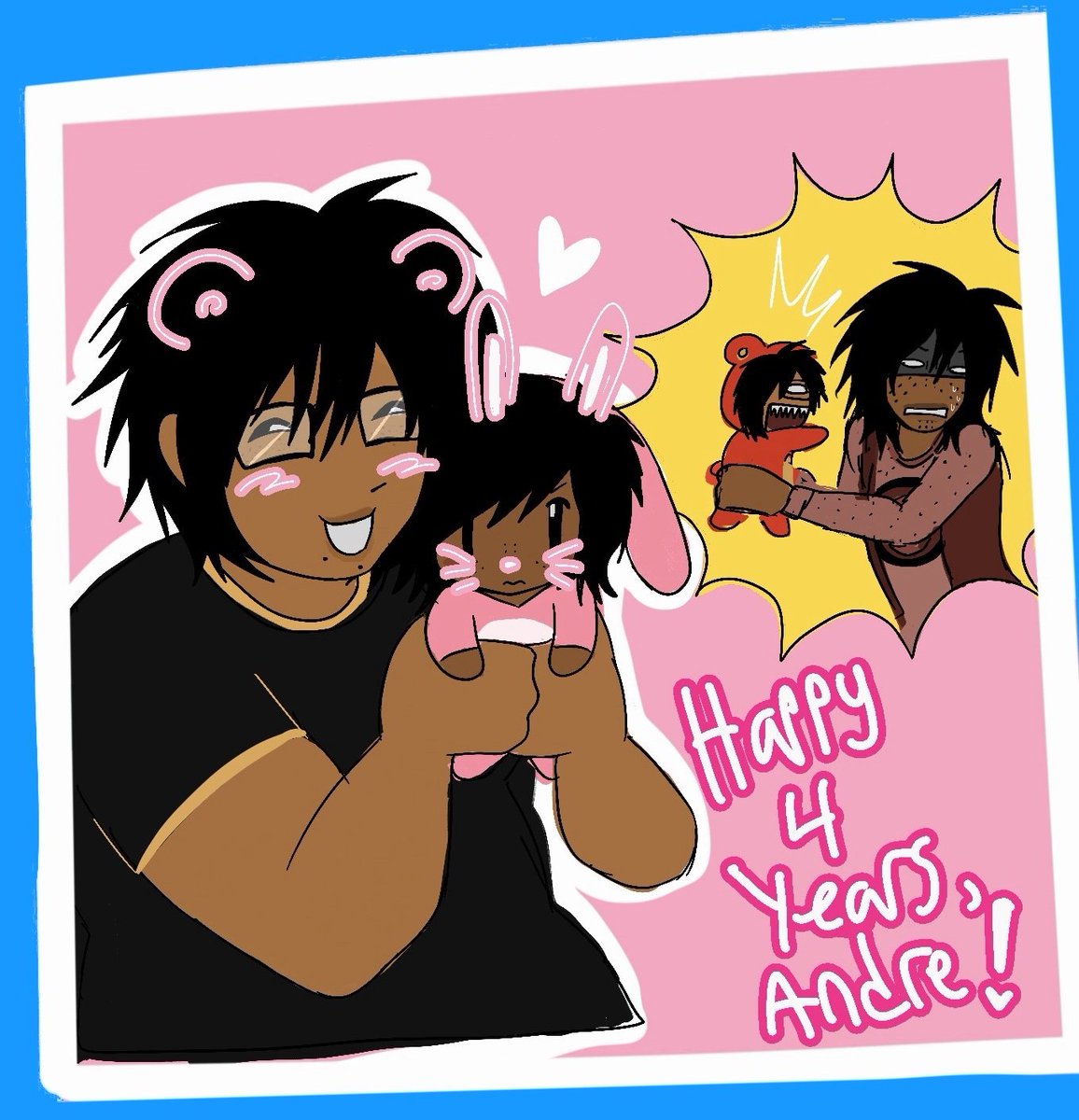 ANDRENATlON's tweet photo. HAPPY 4 YEAR ANDREVERSARY 🎉🎂‼️‼️‼️ We got some outside photos since its crowded and gross inside plus stupid ass drawing 🐇🐇 I can't believe it's been this long I'm really scared but also so thankful for my baby coming into my life ^_^ 🩷 https://t.co/UIbdtnelm4