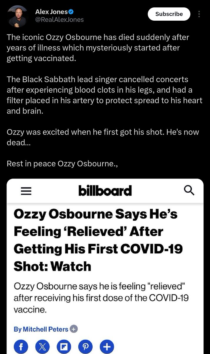 Nullen80's tweet image. 2007 Ozzy Osbourne was diagnosed with Parkinsonian Syndrome.
2019 Ozzy diagnosed with Parkinsons
2020 Covid vaccines are released
2025 Ozzy Osbourne dies
Alex Jones "The vaccines killed him"
I know Ozzy was called The Prince of Darkness, didn't know he could travel through time