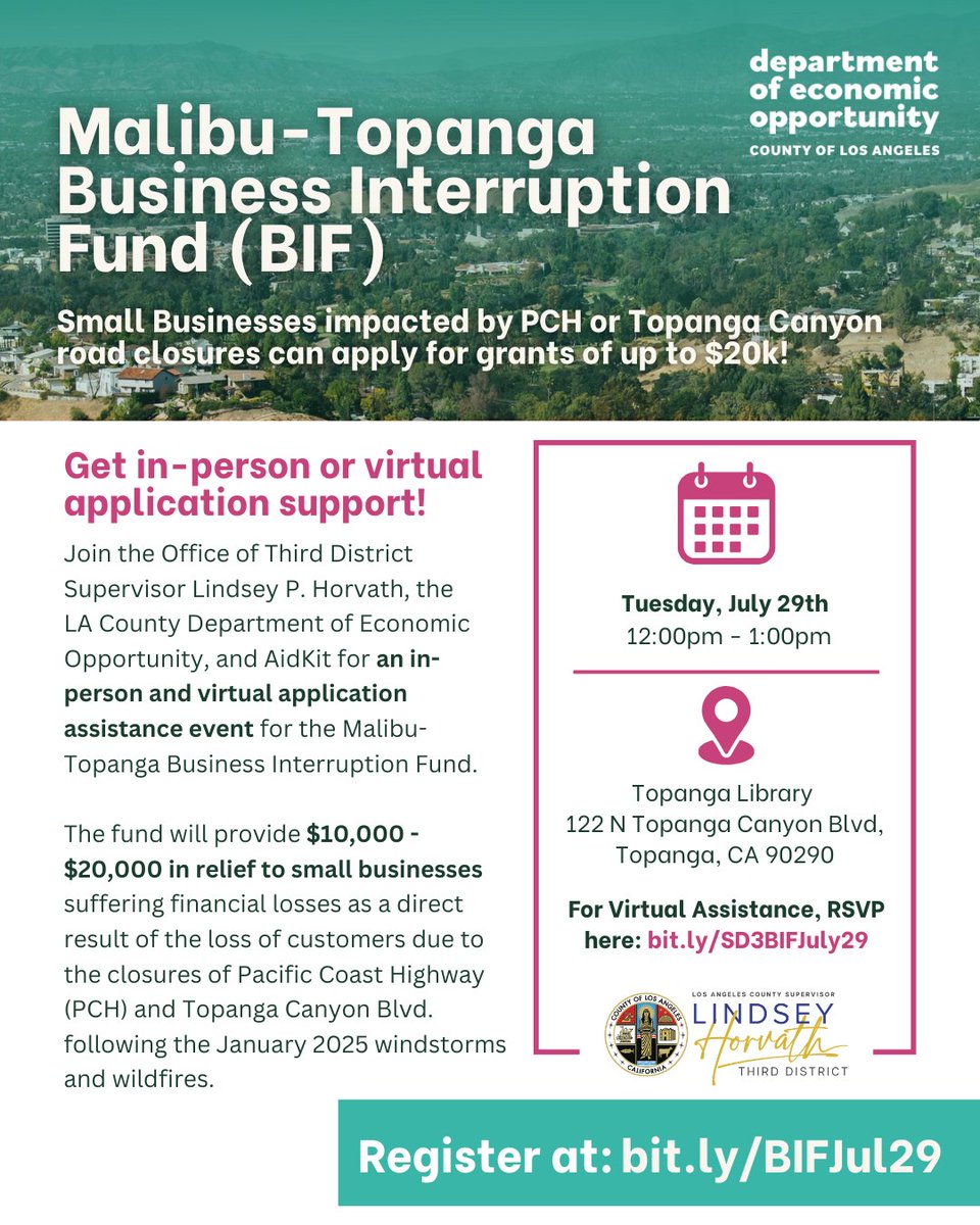 EconOppLA's tweet image. Wildfire Impacted Malibu–Topanga Businesses: Get Help Applying for Up to $20K in Relief!
📍Tuesday, July 29| 12:00 PM
Topanga Library
Virtual RSVP: bit.ly/SD3BIFJuly29
📍Thursday, July 31 | 12:00 PM
Malibu Library
Virtual RSVP: bit.ly/SD3BIFJuly31