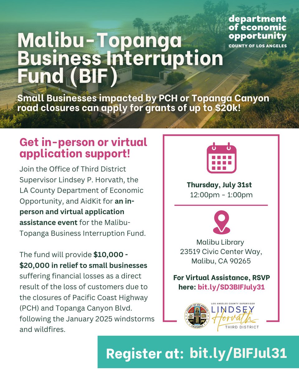 EconOppLA's tweet image. Wildfire Impacted Malibu–Topanga Businesses: Get Help Applying for Up to $20K in Relief!
📍Tuesday, July 29| 12:00 PM
Topanga Library
Virtual RSVP: bit.ly/SD3BIFJuly29
📍Thursday, July 31 | 12:00 PM
Malibu Library
Virtual RSVP: bit.ly/SD3BIFJuly31