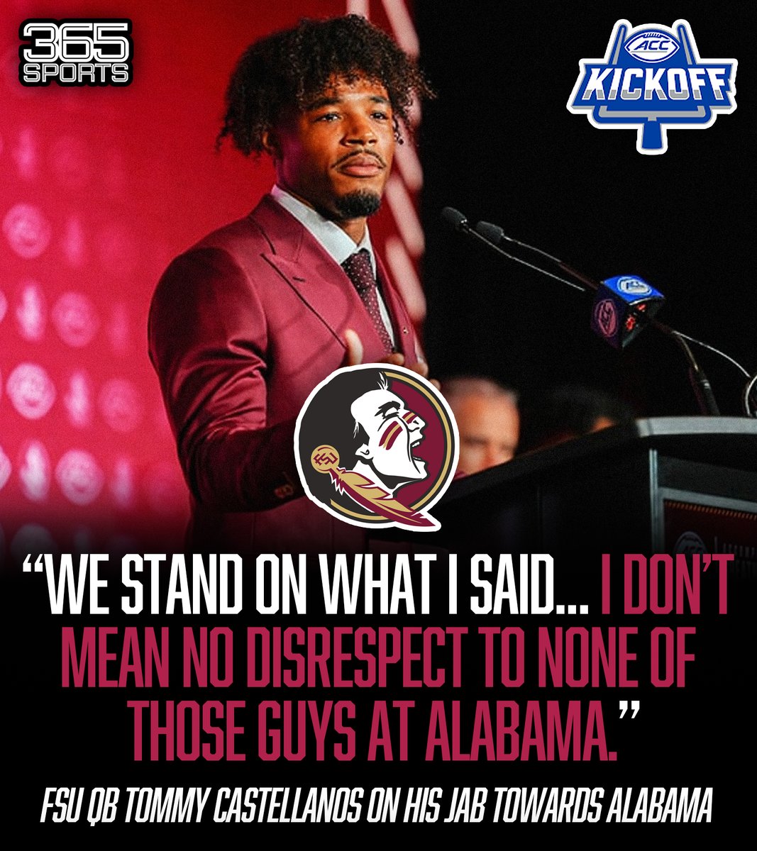 365sportsYT's tweet image. “No Nick Saban to save y’all.” Tommy Castellanos isn’t backing down from his Bama comments. 👀🔥
After a 2-10 season, he’s bringing swagger and belief back to Tallahassee. “We stand on what I said.”
FSU vs. Alabama can’t come soon enough. 🍿
📰 Source: espn.com/college-footba……