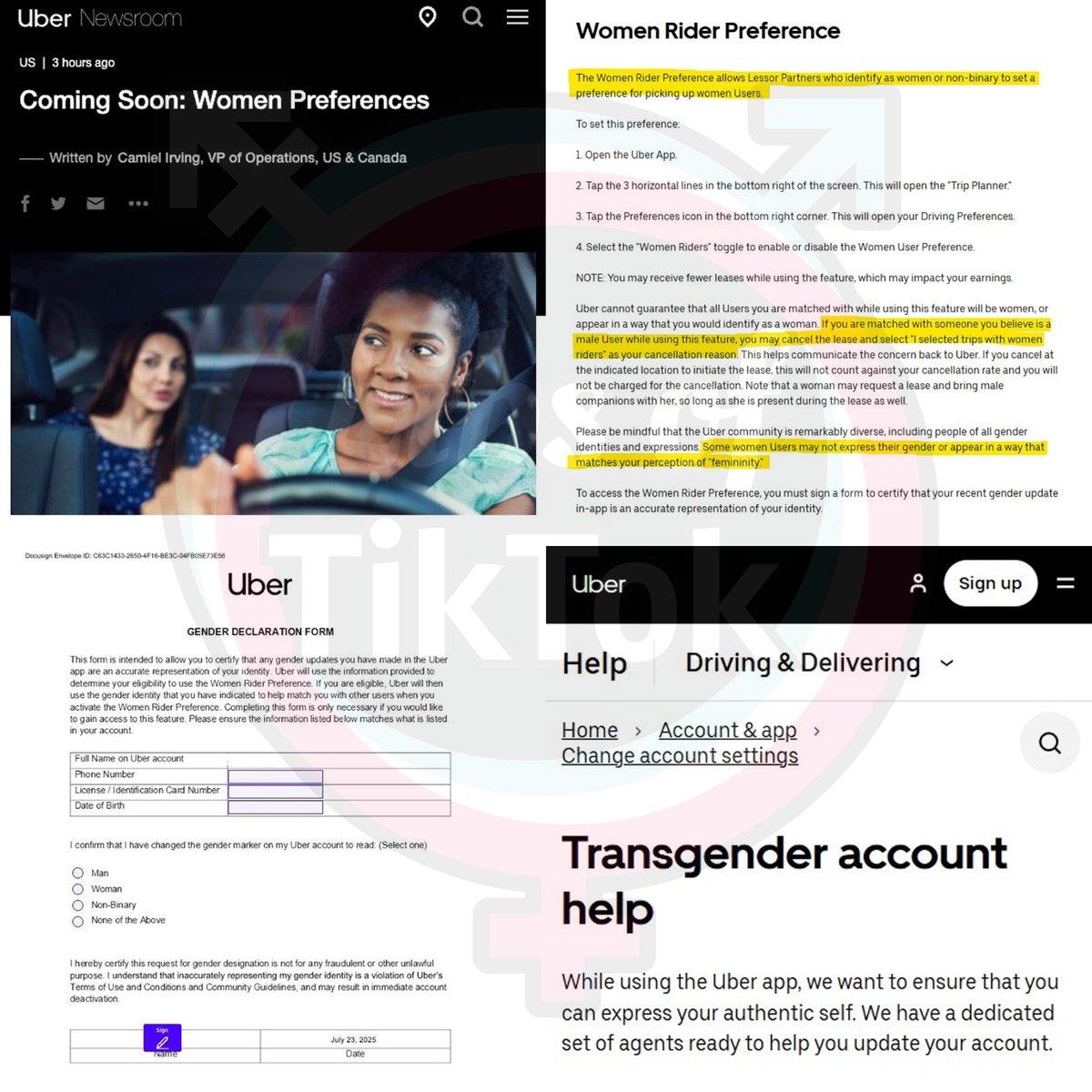 WOW. Uber is planning to roll out a new "Women's Preference" program, similar to their "Women Rider Preferences" program, which will allow female riders to select only women as their drivers.

The problem is, Uber has a "gender declaration form" that allows male drivers to