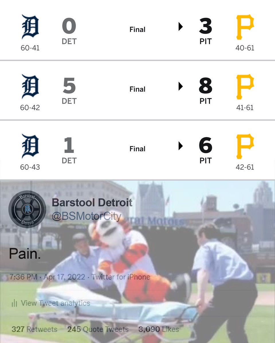 BSMotorCity's tweet image. The Tigers have been swept by the Pirates. Not great!