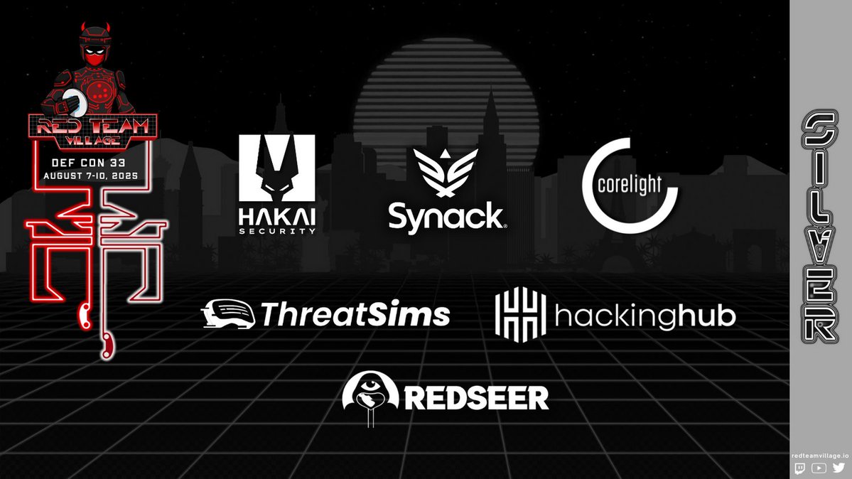 RedTeamVillage_'s tweet image. 🔥 Thank you to our Silver Sponsors for supporting Red Team Village at #DC33!
@corelight_inc @hackinghub_io @HakaiOffsec @SynackRedTeam @threatsims @RedSeerSecurity
We appreciate you! ⚔️