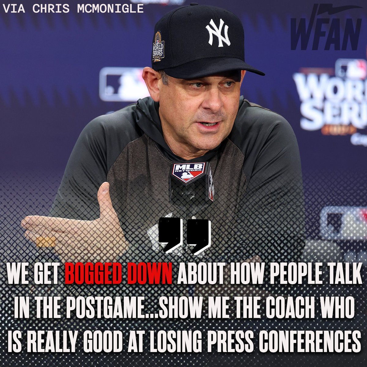 WFAN660's tweet image. McMonigle says way too much weight is put on what Aaron Boone says during postgame press conferences.
Listen: go.audacy.com/JAhun2IGeVb