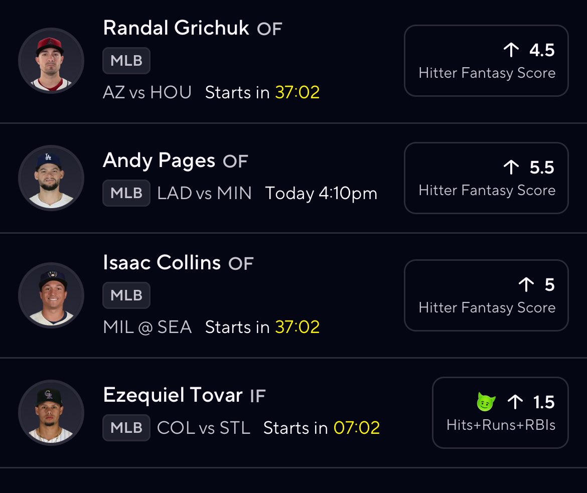 's tweet image. Tovar starts in like 5 mins (9x) ⚾️

#prizepicks