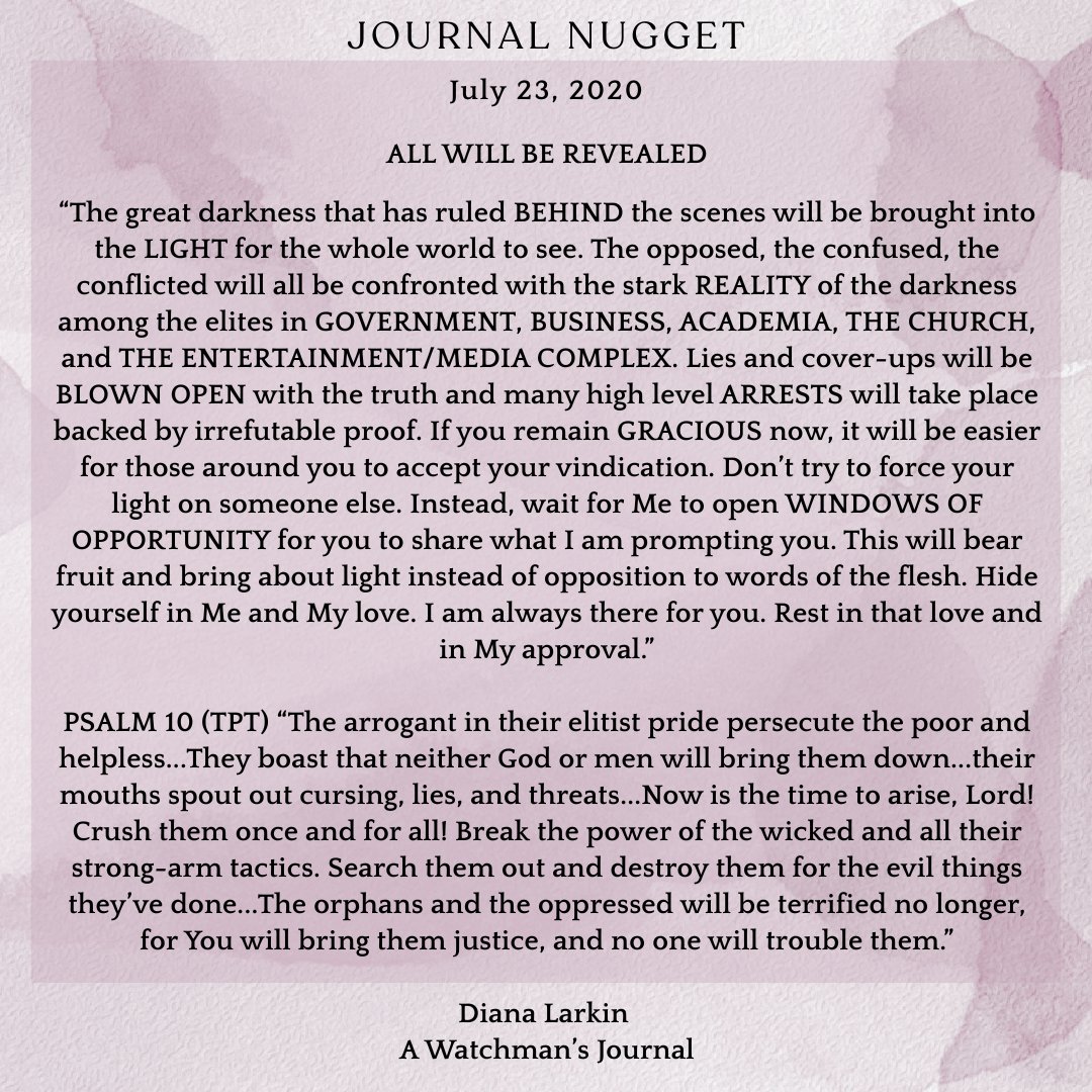 JournalDiana11's tweet image. This Journal Nugget from 5 years ago is being fulfilled before our eyes!
"Lies and cover-ups will be BLOWN OPEN with the truth and many high level ARRESTS will take place backed by irrefutable proof."