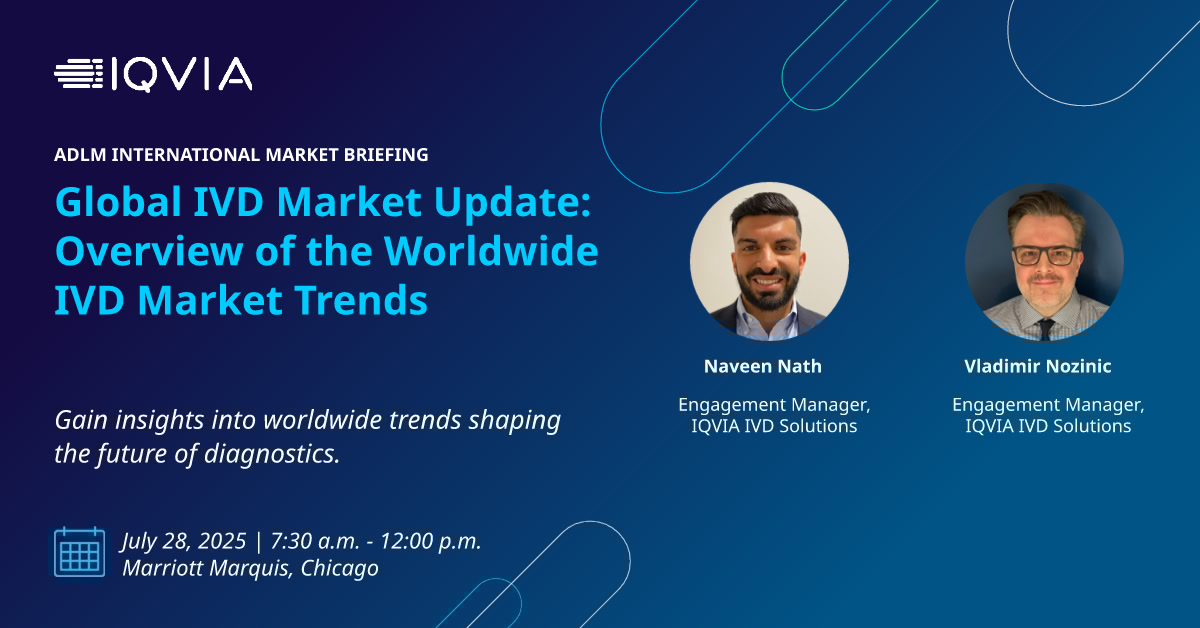 Don’t miss this at #ADLM2025!
Join #IQVIA #MedTech experts Vladimir Nozinic and Naveen Nath for a global snapshot of IVD market trends at the ADLM International Market Briefing on July 28.
Secure your spot and gain a global perspective. See you there!
bit.ly/4mgk52N