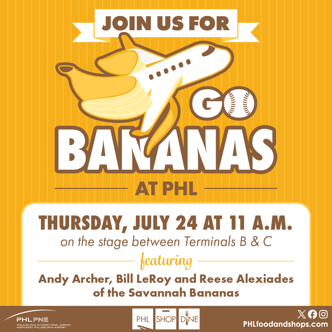 PHL Food & Shops (@phlfoodandshops) on Twitter photo We’re going bananas at <a href="/PHLAirport/">PHLAirport</a> 🍌⚾️✈️
Join us Thurs, July 24 at 11AM at the B/C stage for a special appearance by <a href="/TheSavBananas/">Savannah Bananas</a>!
Andy, Bill & Reese are bringing dance moves, laughs, and photo ops—all with Philly flair.
#GoBananasPHL #PHLFoodandShops #BananaBall #FlyPHL We’re going bananas at <a href="/PHLAirport/">PHLAirport</a> 🍌⚾️✈️
Join us Thurs, July 24 at 11AM at the B/C stage for a special appearance by <a href="/TheSavBananas/">Savannah Bananas</a>!
Andy, Bill & Reese are bringing dance moves, laughs, and photo ops—all with Philly flair.
#GoBananasPHL #PHLFoodandShops #BananaBall #FlyPHL