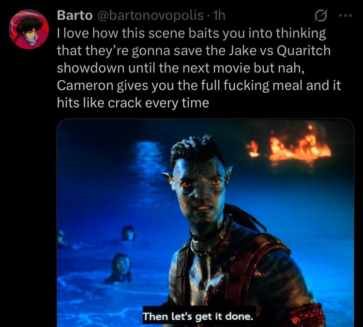 DCTalks1009's tweet image. The thing that’s so funny about avatar stans is that they absolutely flip for the most mid twists or scenes or tropes that they would probably mock if it was in any other movie.