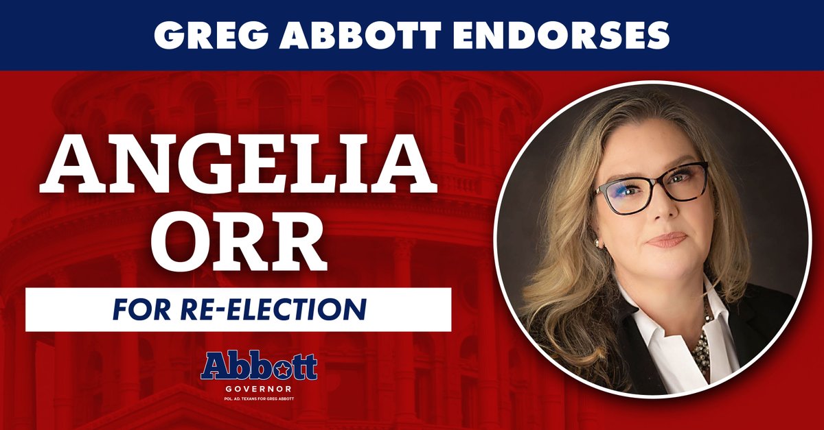 Texans for Abbott (@abbottcampaign) on Twitter photo Governor <a href="/GregAbbott_TX/">Greg Abbott</a> backs <a href="/AngeliaOrrForTX/">Angelia Orr</a> for House District 13.
A proven conservative, Angelia has fought to cut property taxes, secure the border, and protect private property rights.
She’s a strong voice for our shared conservative values—and a leader we need in Austin. Governor <a href="/GregAbbott_TX/">Greg Abbott</a> backs <a href="/AngeliaOrrForTX/">Angelia Orr</a> for House District 13.
A proven conservative, Angelia has fought to cut property taxes, secure the border, and protect private property rights.
She’s a strong voice for our shared conservative values—and a leader we need in Austin.