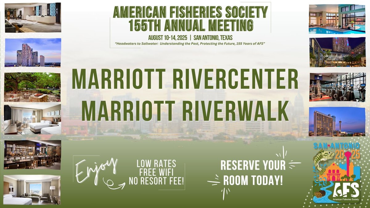 Don't wait! The hotel room block for our upcoming annual meeting in San Antonio closes this Friday, July 25th! Snag a great rate, free wifi, no resort fee, and MORE! Just steps from the meeting space, reserve your room today:  bit.ly/4jLvR40 #fisheries #AFS155