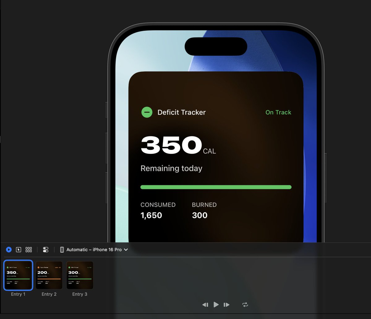 rudrankriyam's tweet image. Finished the calorie surplus/deficit integration in Zenther. So many static widgets now, and I still have to add the interactive ones, especially this year's snippet ones for easy logging of food.
I will call it a night. 2 more days to the finals of IndeHub hackathon, and the…