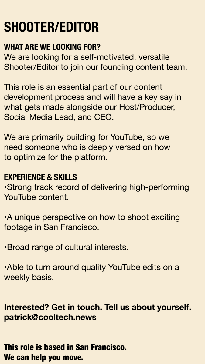 This is a job posting for a brand new company and I’d really like your help getting it to the right people :)

The history of technology is a short one, and it’s punctuated by a small number of trends. They might be: microprocessors, personal computers, the internet, mobile, and