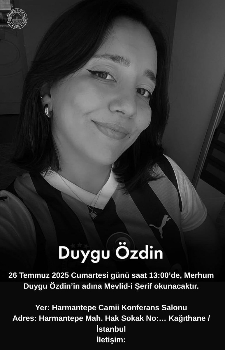 dygozdn1's tweet image. 26 Temmuz 2025 Cumartesi günü saat 13:00’de, Merhum Duygu Özdin’in adına Mevlid-i Şerif okunacaktır.
Yer: Harmantepe Camii Konferans Salonu
Adres: Harmantepe Mah. Hak Sokak No:… Kağıthane / İstanbul
İletişim: @ogunygz @mami_ygz