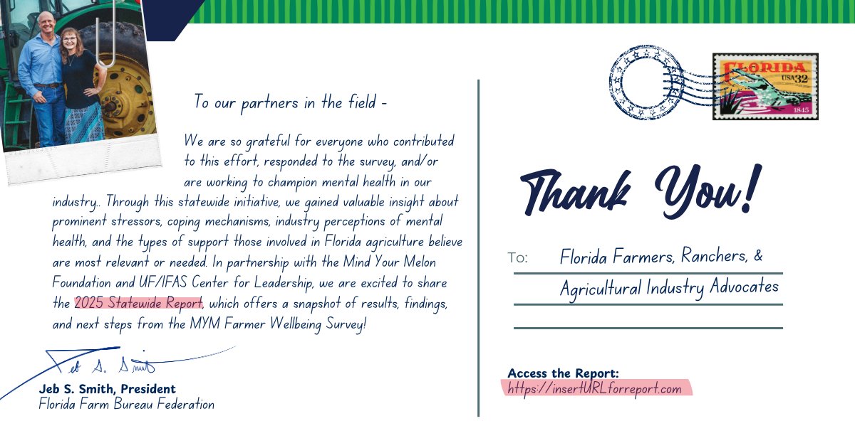 FlaFarmBureau's tweet image. The @UF_IFAS collaborated with Mind Your Melon and @FlaFarmBureau to complete the Mind Your Melon Farmer Wellbeing Survey, addressing the growing concerns around agriculture mental health.
Read the full report here: loom.ly/W7-rnCk