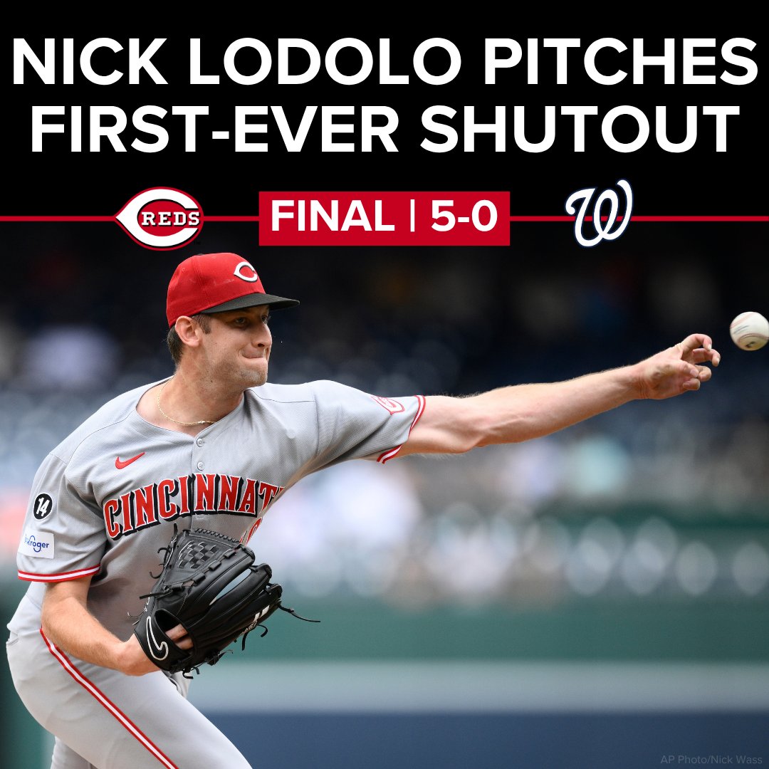 WCPO's tweet image. Nick Lodolo pitched his first-ever shutout, and the Cincinnati Reds avoided the sweep (once again) by beating the Washington Nationals 5-0. bit.ly/4f4hu9J