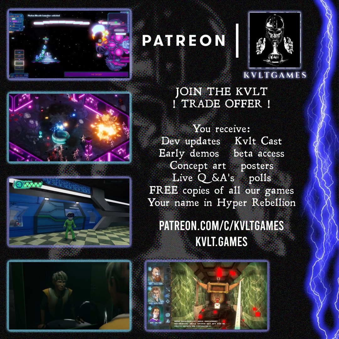 gr8_rebellion's tweet image. ! TRADE OFFER !
⚡️JOIN THE KVLT ⚡️
You receive:
➡️Dev updates
➡️Early demos & beta access
➡️Concept art & posters
➡️Live Q&A's & polls
➡️FREE copies of all our games
➡️Your name in Hyper Rebellion
People keep asking how to fund Dverghold and our other games. Here you can:…