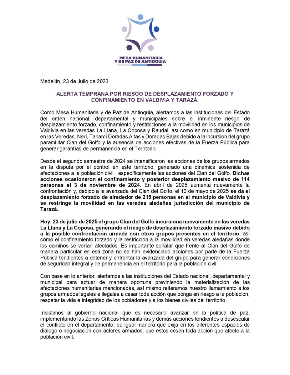#AlertaTemprana Riesgo de desplazamiento y confinamiento en zona rural de los municipios de Tarazá y Valdivia. Exigimos a las instituciones del Estado del orden Nal, Dptal y Mpal actuar de manera preventiva, así como llamamos a los grupos armados a respetar a la población civil.