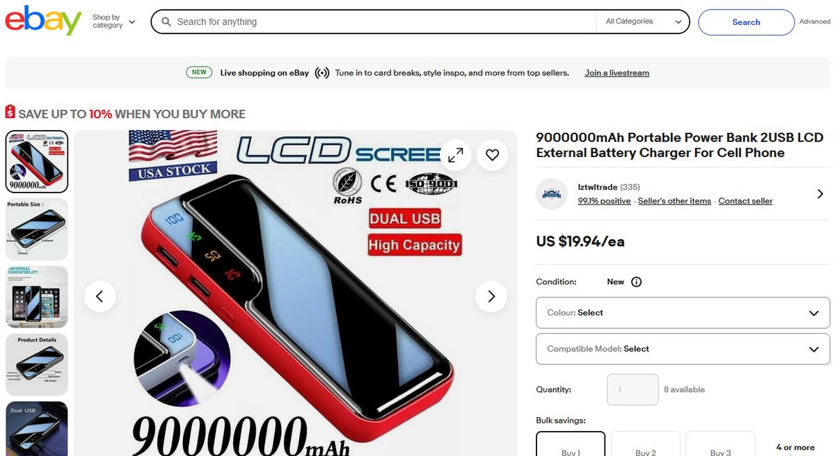 Counterfeit_Rpt's tweet image. Shoppers on @eBay are easily fooled. This battery pack claims to have 9,000,000 mAh (9 million) -- that's the equivalent of 2,500 18650 batteries. Three of these would be greater than a Tesla wall. Don't be a victim, avoid @eBay.