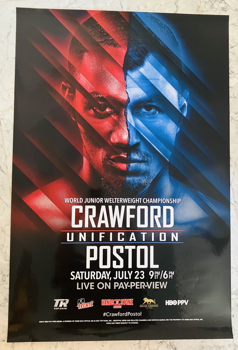 DanRafael1's tweet image. Program & poster in my #boxing collection from when @terencecrawford dropped then-unbeaten Viktor Postol tiwce in a one-sided decision win to unify the WBC and WBO 140 titles on his way to undisputed in a fight I was ringside to cover at the MGM Grand -- 9 years ago today.